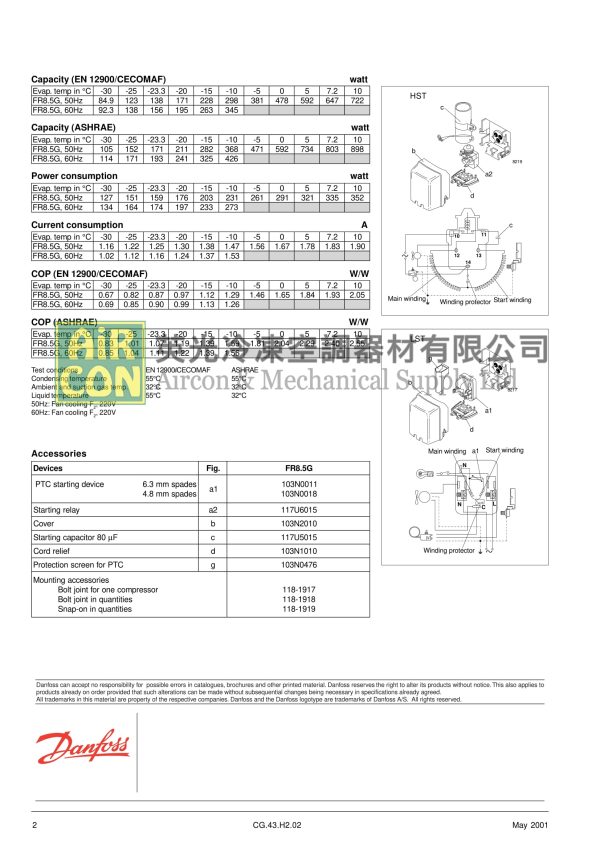 "Danfoss" FR8.5G R134a Compressor - 图片 2
