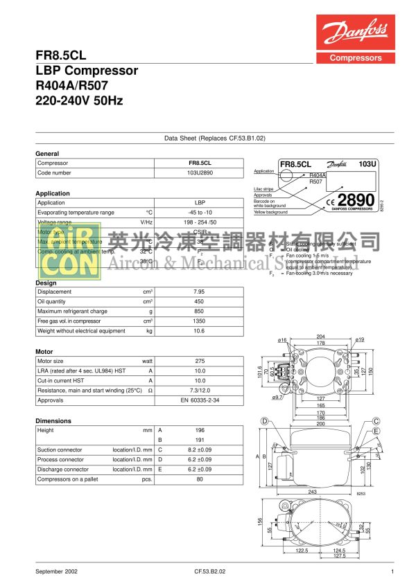 "Danfoss" FR8.5CL R404A Compressor - Image 4