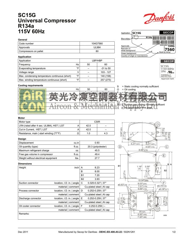 "Danfoss" SC15G R134a Compressor - Image 2