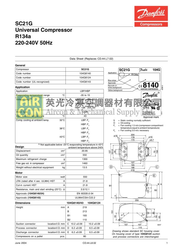 "Danfoss" SC21G R134a Compressor - Image 3