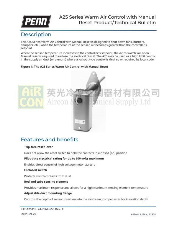 "Johnson Controls"A25CN-4C 溫度控制器 - 图片 3