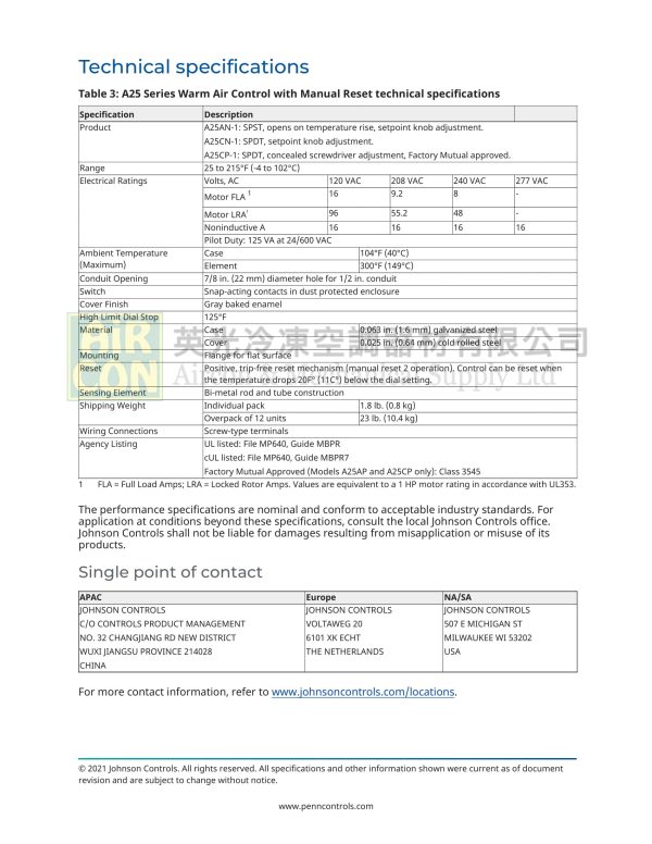 "Johnson Controls"A25CN-4C 溫度控制器 - 图片 2